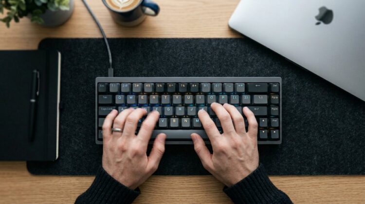 Hands typing on a mechanical keyboard in a clean workspace with laptop and coffee, representing focused productivity and efficient typing.