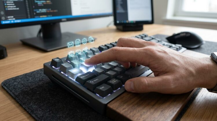 Finger pressing a macro key on a mechanical keyboard with digital icons representing automated tasks and workflow shortcuts.