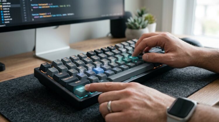 Hands using illuminated shortcut keys on a mechanical keyboard to demonstrate layered shortcuts for faster productivity.