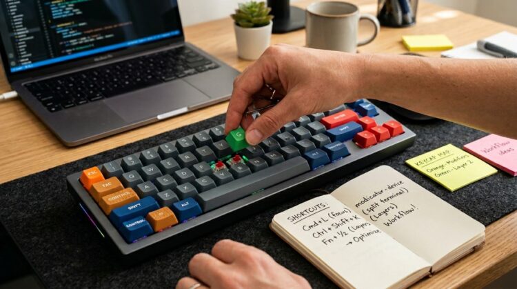 Person customizing a mechanical keyboard by replacing keycaps with colorful keys while planning shortcuts in a notebook.